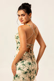 Champagne Floral Mermaid Printed Bridesmaid Dress with Slit