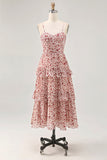 Blush Flower A Line Spaghetti Straps Printed Tiered Wedding Guest Dress