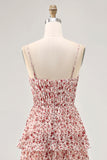 Blush Flower A Line Spaghetti Straps Printed Tiered Wedding Guest Dress