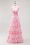 Blush Floral Printed A Line Tulle Long Bridesmaid Dress with Ruffles