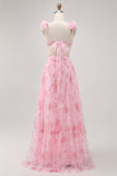 Blush Floral Printed A Line Tulle Long Bridesmaid Dress with Ruffles