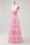 Blush Floral Printed A Line Tulle Long Bridesmaid Dress with Ruffles