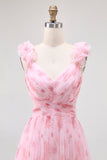 Blush Floral Printed A Line Tulle Long Bridesmaid Dress with Ruffles