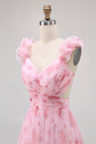 Blush Floral Printed A Line Tulle Long Bridesmaid Dress with Ruffles