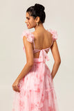 Blush Floral A Line Ruffled Tulle Long Bridesmaid Dress