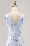 Blue Flower Cowl Neck Sheath Long Wedding Guest Dress