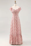 Blush Flower Printed Ruched A Line Wedding Guest Dress with Slit