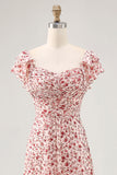 Blush Flower Printed Ruched A Line Wedding Guest Dress with Slit