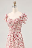 Blush Flower Printed Ruched A Line Wedding Guest Dress with Slit