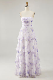 Tiered Lavender Flower A Line Strapless Pleated Bridesmaid Dress