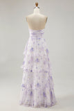 Tiered Lavender Flower A Line Strapless Pleated Bridesmaid Dress