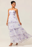 Strapless Lavender Floral A Line Tiered Pleated Bridesmaid Dress