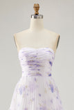 Tiered Lavender Flower A Line Strapless Pleated Bridesmaid Dress