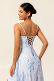 Blue Floral Spaghetti Straps A Line Long Bridesmaid Dress with Slit