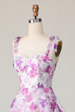 Purple Flower A Line Tiered Long Wedding Guest Dress with Straps Bows