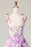Purple Flower A Line Tiered Long Wedding Guest Dress with Straps Bows