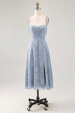 Dusty Blue A Line Midi Spaghetti Straps Wedding Guest Dress with Slit