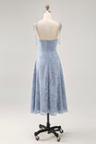 Dusty Blue A Line Midi Spaghetti Straps Wedding Guest Dress with Slit