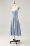 Dusty Blue A Line Midi Spaghetti Straps Wedding Guest Dress with Slit