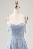 Dusty Blue A Line Midi Spaghetti Straps Wedding Guest Dress with Slit