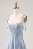 Dusty Blue A Line Midi Spaghetti Straps Wedding Guest Dress with Slit