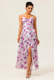 Purple Floral Printed Spaghetti Straps A Line Wedding Guest Dress