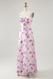 Purple Floral A Line Spaghetti Straps Printed Wedding Guest Dress