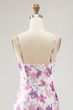 Purple Floral A Line Spaghetti Straps Printed Wedding Guest Dress