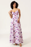 Purple Floral A Line Spaghetti Straps Printed Wedding Guest Dress