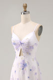 Lavender Flower Spaghetti Straps Cut Out Wedding Guest Dress with Slit