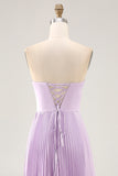Strapless Pleated Lilac A Line Long Bridesmaid Dress