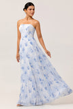 Strapless Blue Floral A Line Pleated Long Bridesmaid Dress