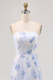 Blue Floral A Line Strapless Pleated Long Bridesmaid Dress