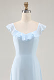 Sky Blue Ruffled Scoop Neck A Line Bridesmaid Dress