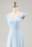 Sky Blue Ruffled Scoop Neck A Line Bridesmaid Dress