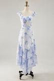 Blue Floral Printed A Line Ruffled Wedding Guest Dress