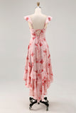 Blue Floral Printed A Line Ruffled Wedding Guest Dress
