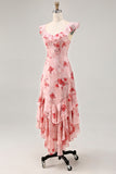 Blue Floral Printed A Line Ruffled Wedding Guest Dress