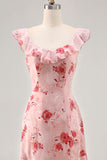 Blue Floral Printed A Line Ruffled Wedding Guest Dress