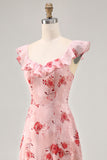 Blue Floral Printed A Line Ruffled Wedding Guest Dress