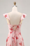 Blue Floral Printed A Line Ruffled Wedding Guest Dress