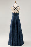 Floral A Line Navy Printed Long Wedding Guest Dress