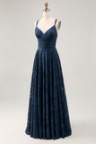 Floral A Line Navy Printed Long Wedding Guest Dress