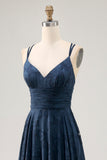 Floral A Line Navy Printed Long Wedding Guest Dress