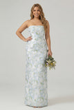 Strapless Printed White Blue Flower Sheath Bridesmaid Dress