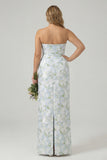 Strapless Printed White Blue Flower Sheath Bridesmaid Dress
