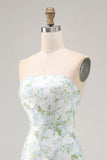Strapless Printed White Blue Flower Sheath Bridesmaid Dress