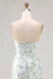 Strapless Printed White Blue Flower Sheath Bridesmaid Dress