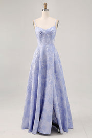 Blue A-Line Brocade Corset Long Prom Dress with Slit