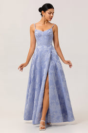 Blue A Line Spaghetti Straps Brocade Corset Prom Dress with Slit